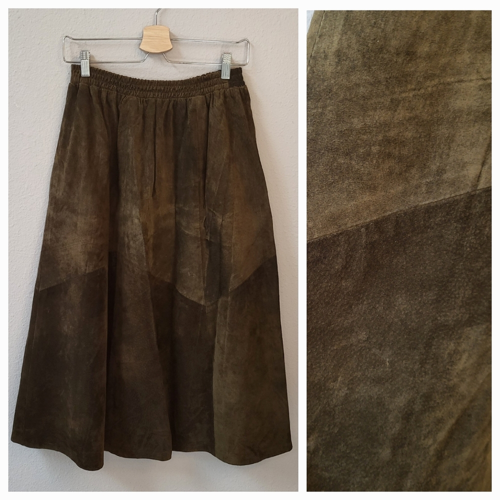 VTG 100% Leather Midi Skirt Fits S/M Gathered Full Two-Tone Solid Brown Western - Picture 1 of 13
